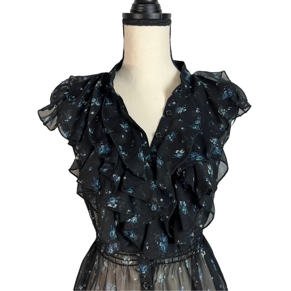 Kirra Womens Blouse Ruffle Blue Floral Button Down Sleeveless Top XS - Picture 4 of 10